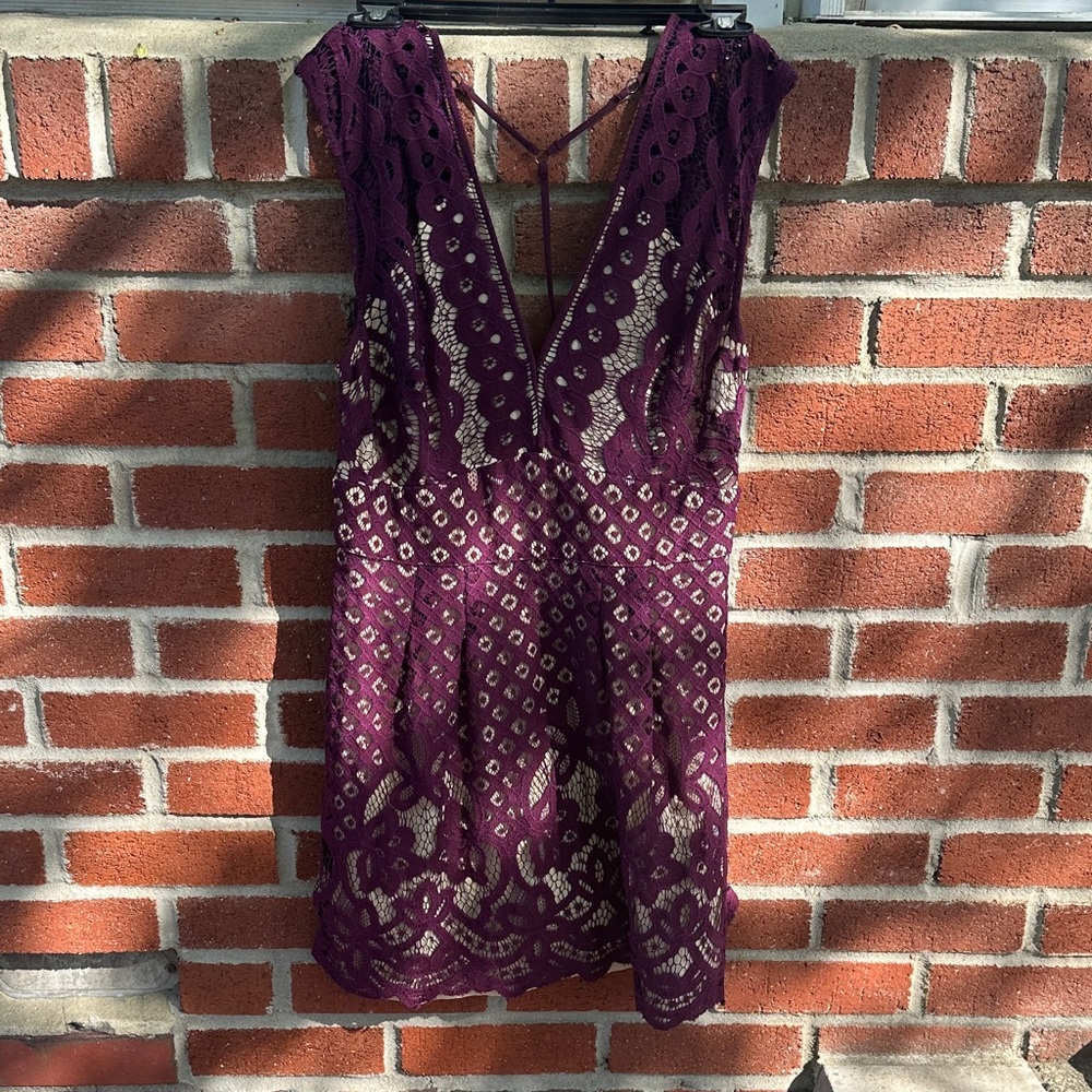 Free People Deep Plum Lace V-Neck Mini Dress